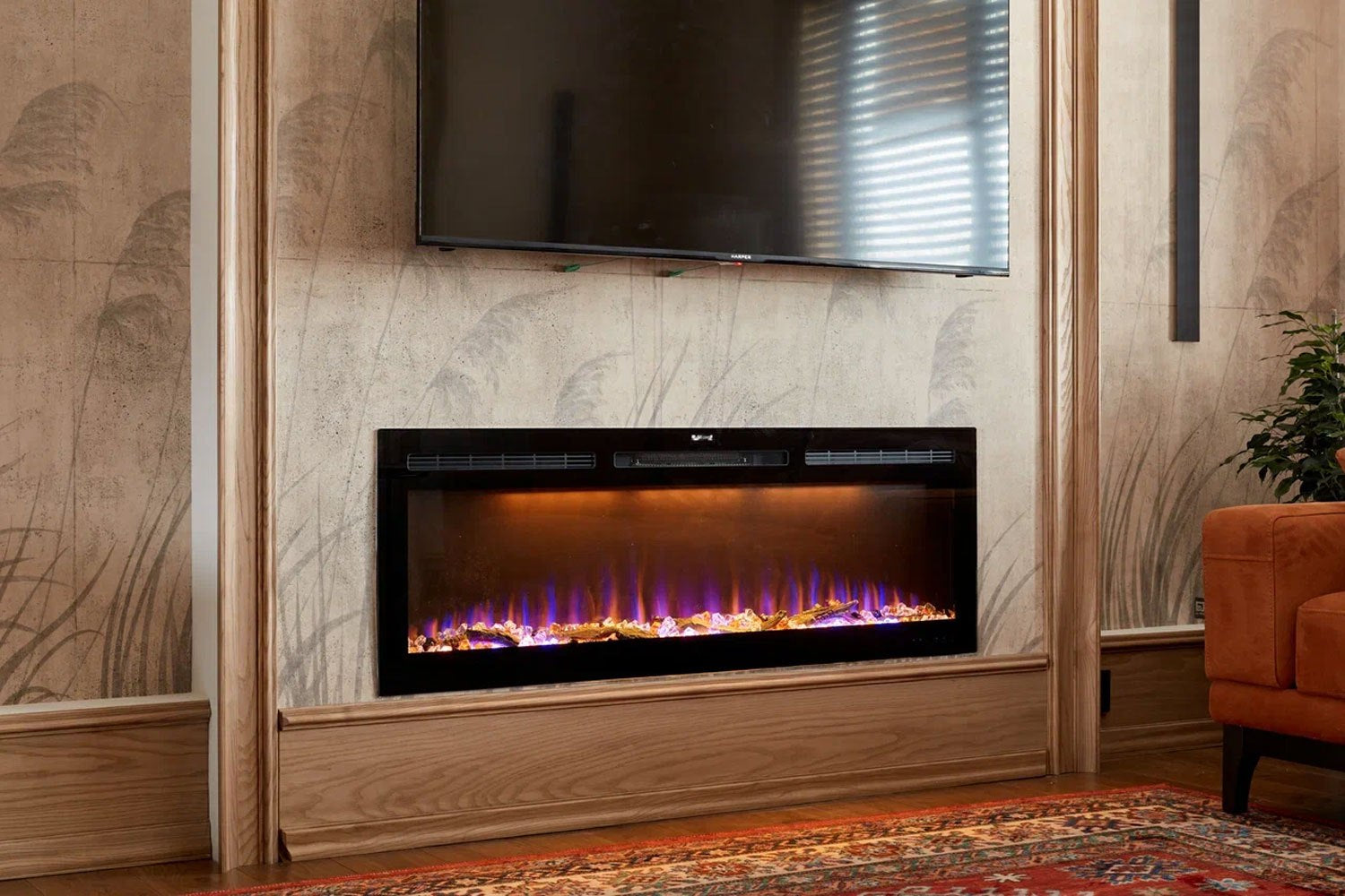 Mystflame Crystal 60 Wi-Fi - chimenea eléctrica de pared con calefacción de 1,5 metros de largo.