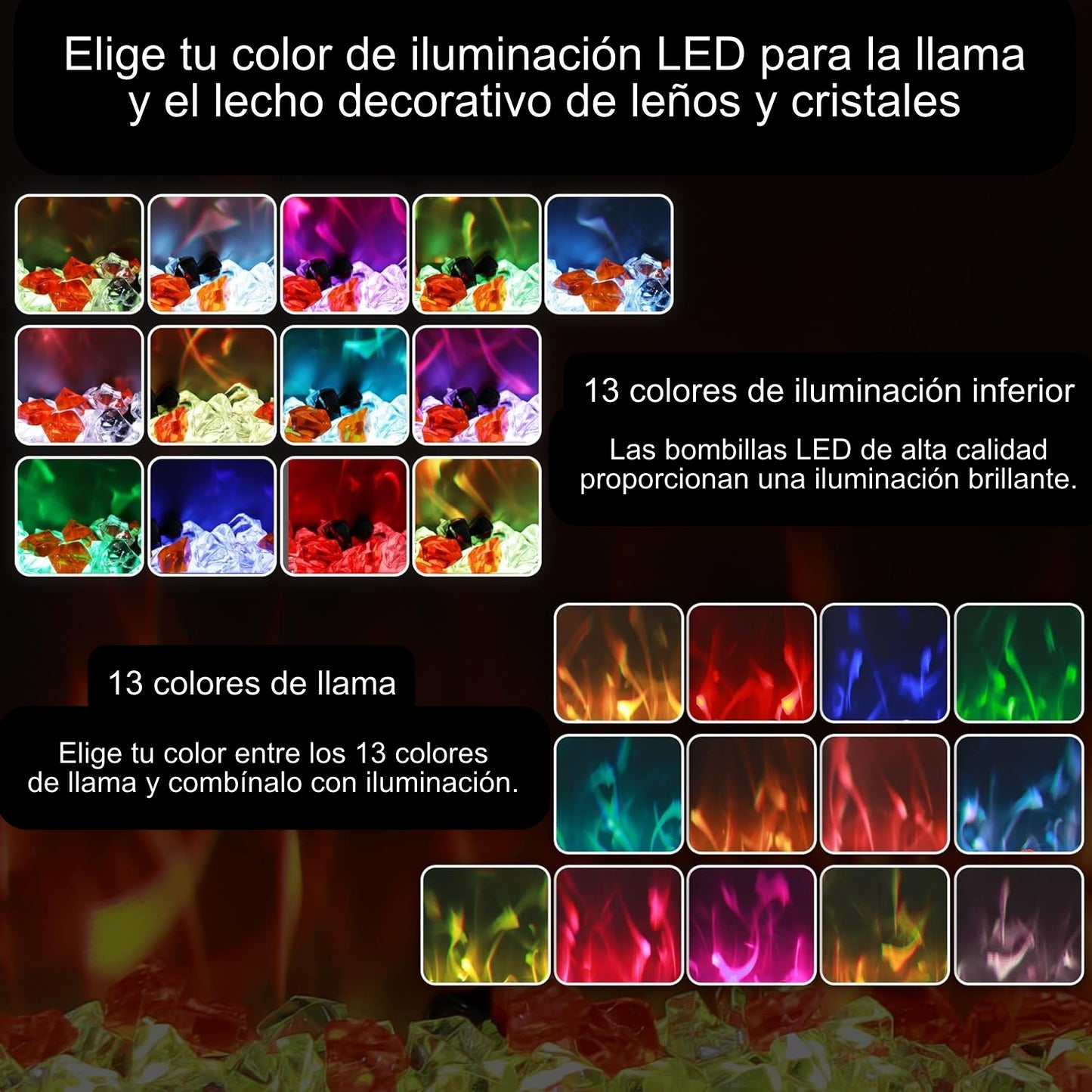 Llama multicolor en la chimenea eléctrica Mystflame 3D Perla 42.