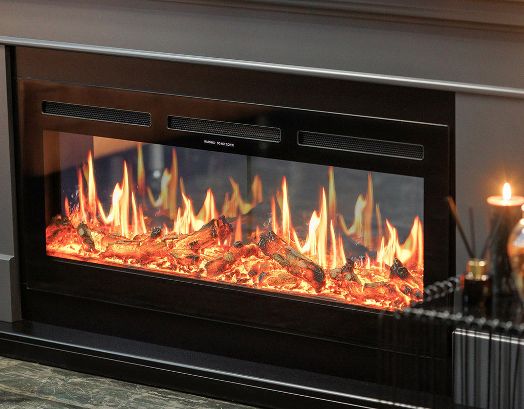 El electrochimenea empotrable más realista con leña decorativa.
