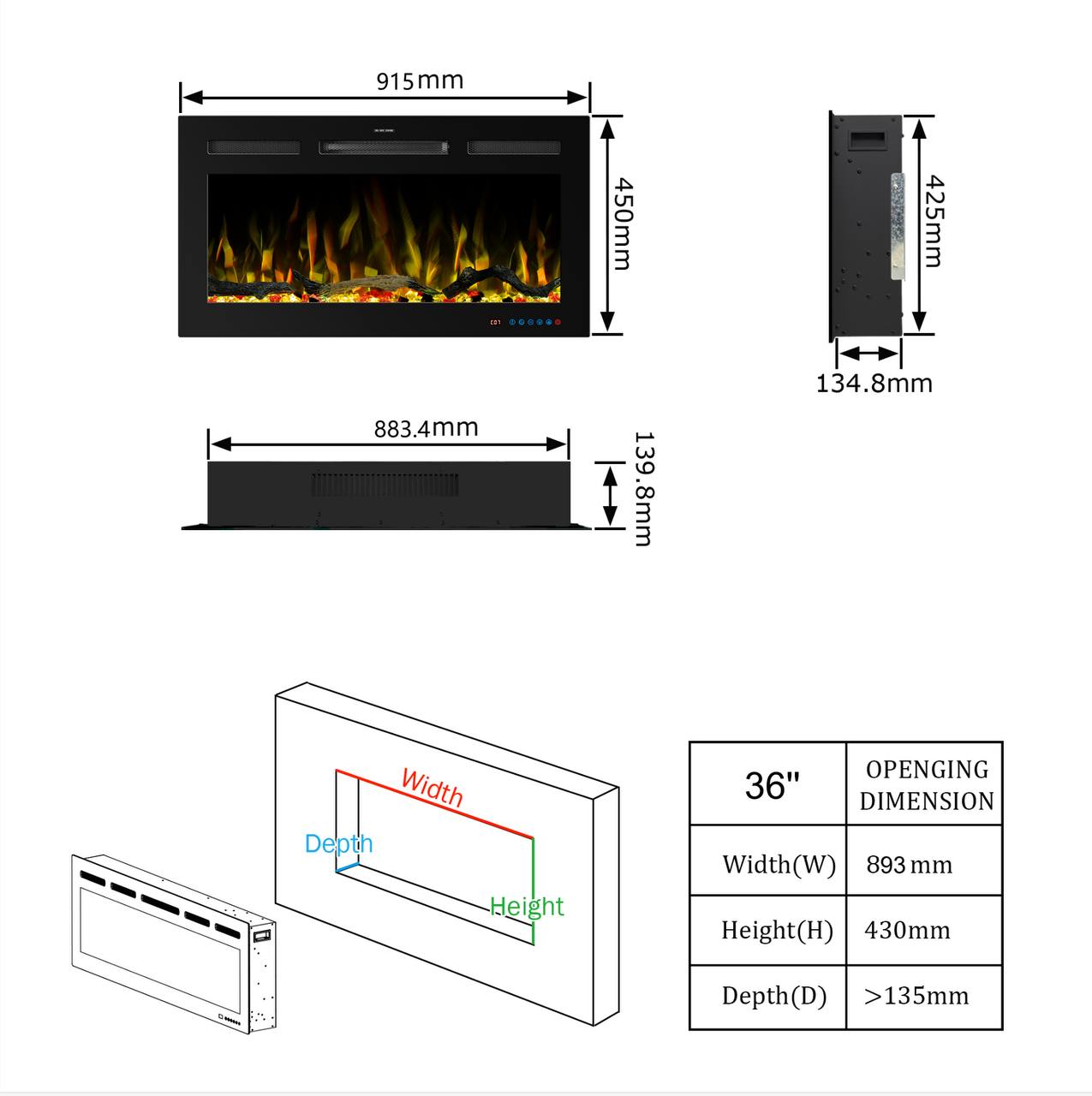 Dimensiones de la chimenea eléctrica de pared Mystflame Galaxy 36 PRO WiFi (An x Al x Pr): 915 x 450 x 140 mm