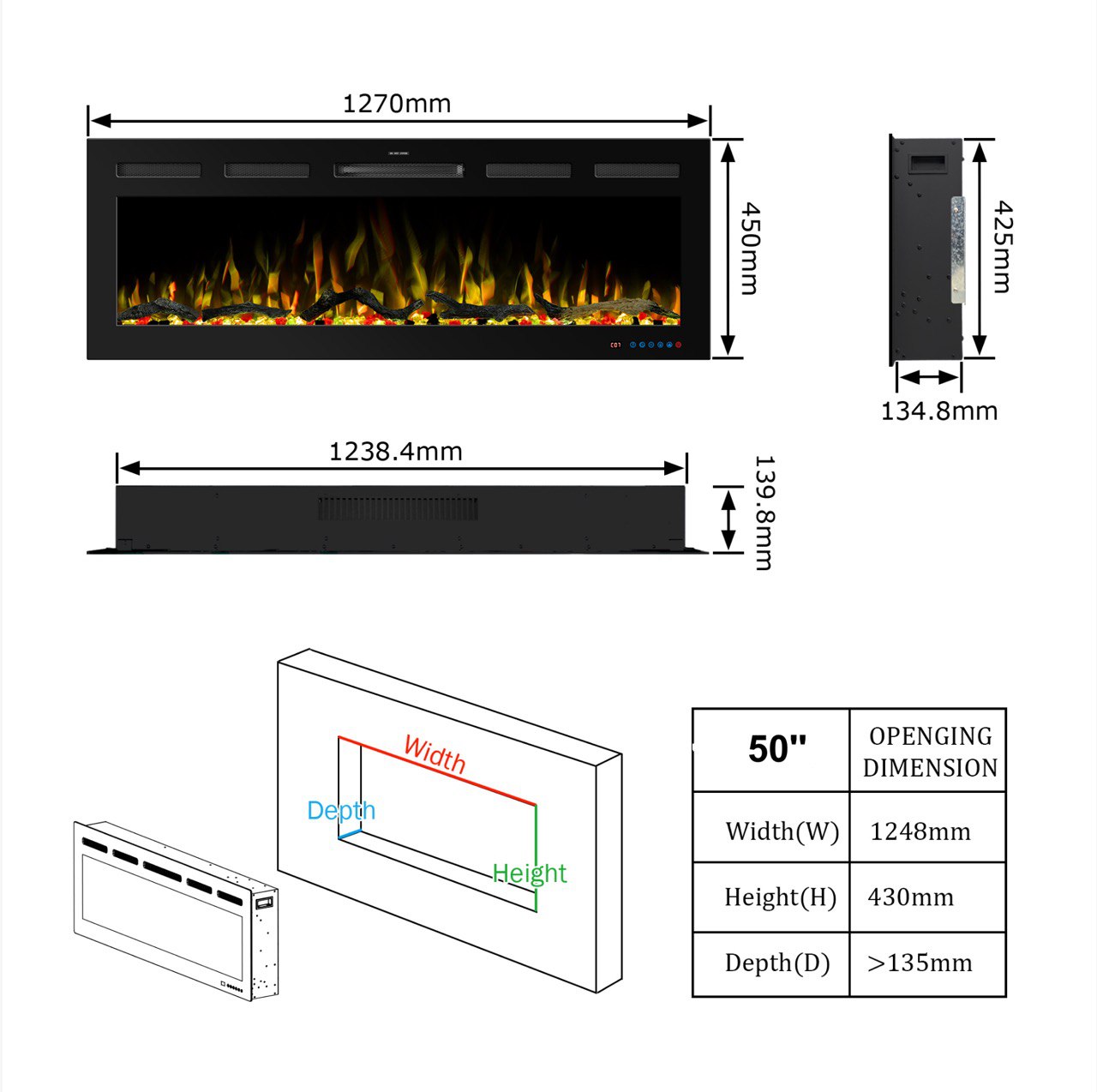 Dimensiones de la chimenea eléctrica Mystflame Galaxy 50 PRO WiFi