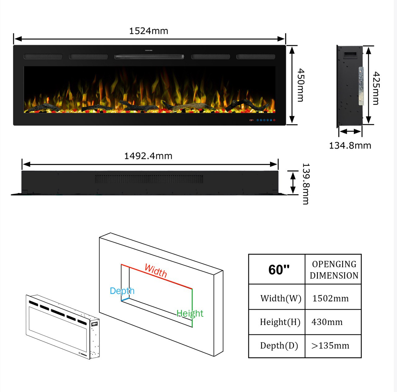 Dimensiones de la chimenea eléctrica Mystflame Galaxy 60 PRO WiFi de 150 cm de ancho.