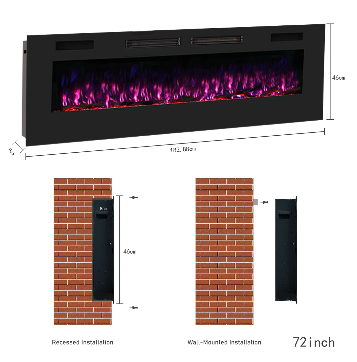 Mystflame Crystal 72 WiFi Camino Elettrico da Parete (LxAxP) 1829x460x81 mm