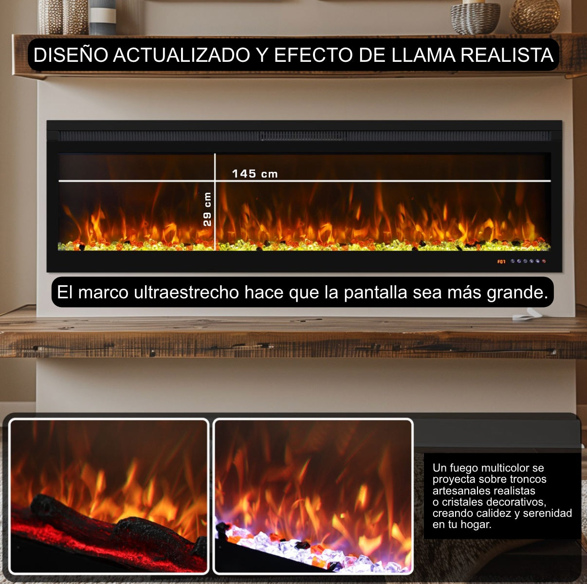 Características de la chimenea eléctrica decorativa de pared Mystflame 3D Perla 60.