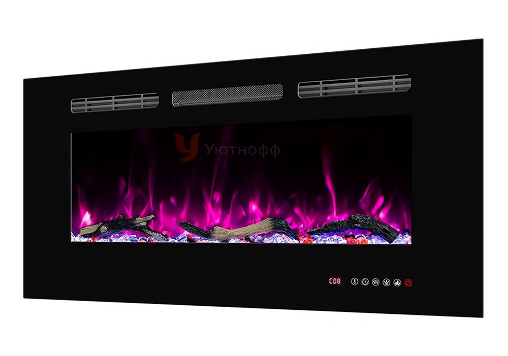 Chimenea eléctrica de pared Mystflame Galaxy 36 con troncos decorativos y efecto de sonido de leña crepitante.