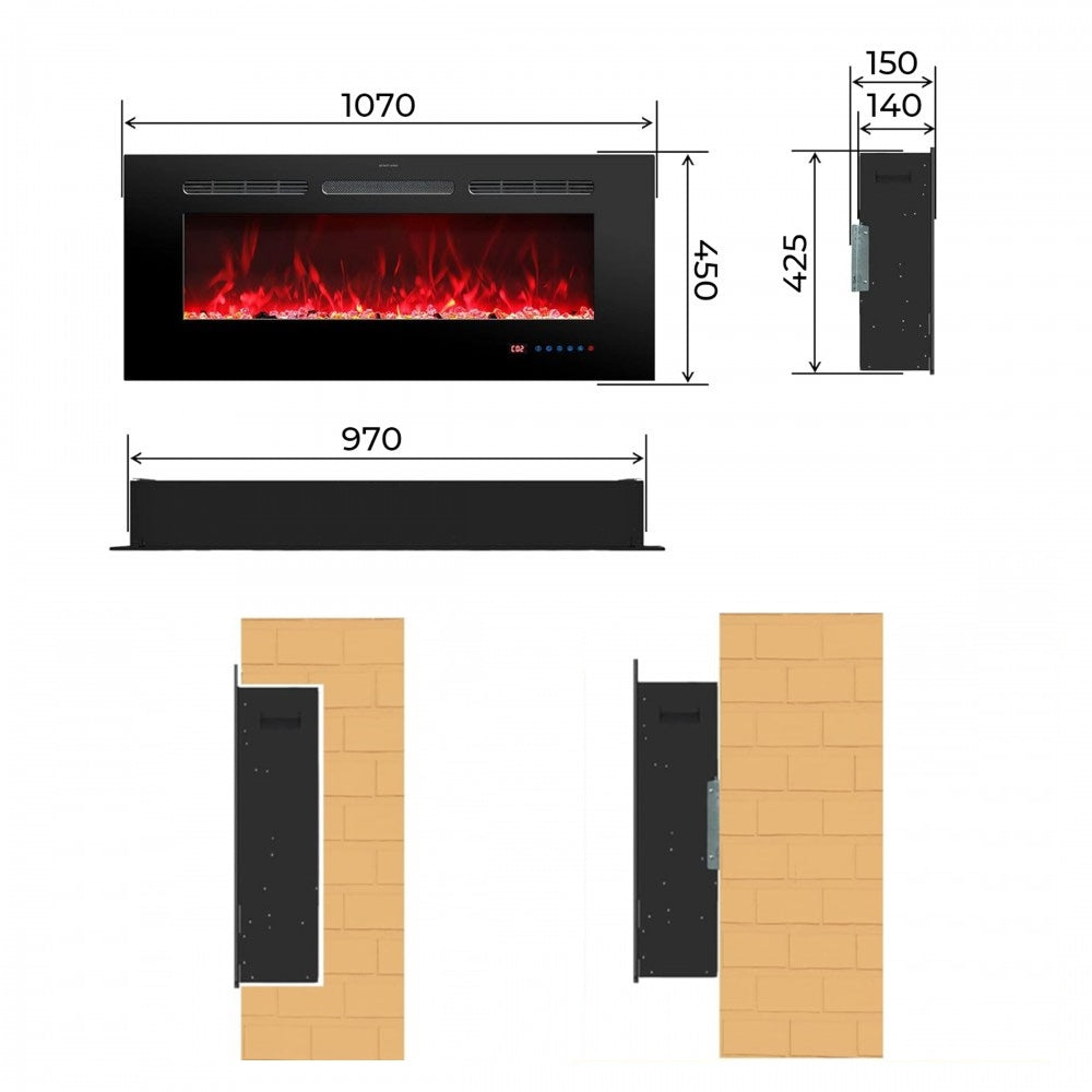 Dimensiones de la chimenea eléctrica de pared Mystflame Galaxy 42