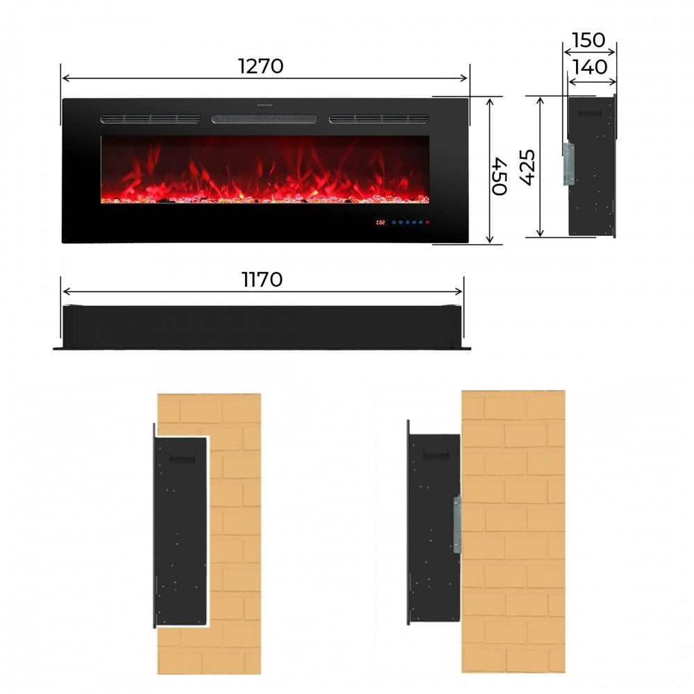 Dimensiones de la chimenea eléctrica de pared Mystflame Galaxy 50