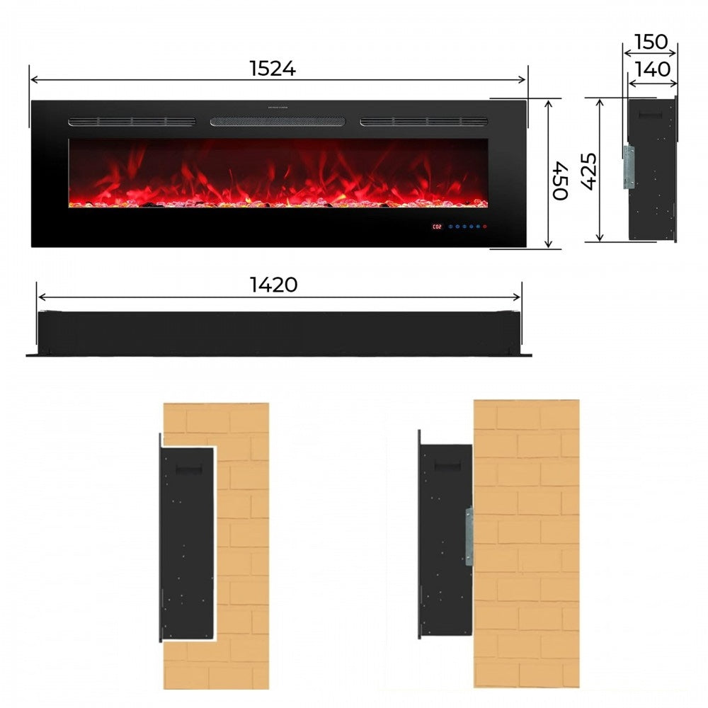 Dimensiones de la chimenea eléctrica de pared Mystflame Galaxy 60