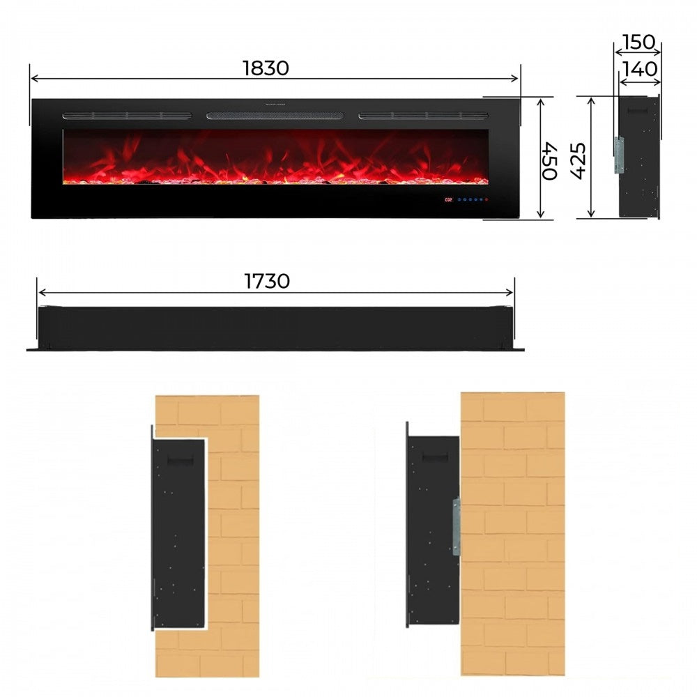 Dimensiones de la chimenea eléctrica de pared Mystflame Galaxy 72