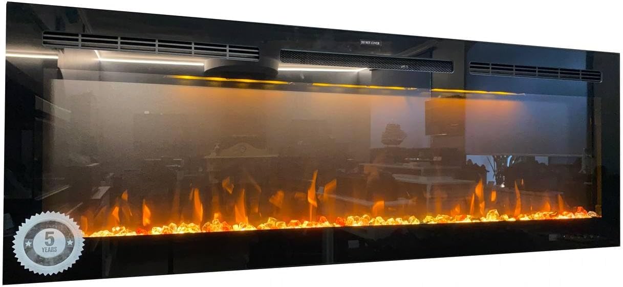 Chimenea eléctrica alargada con calefacción y sonido Mystflame Galaxy 84. La longitud del chimenea eléctrica es de más de dos metros.