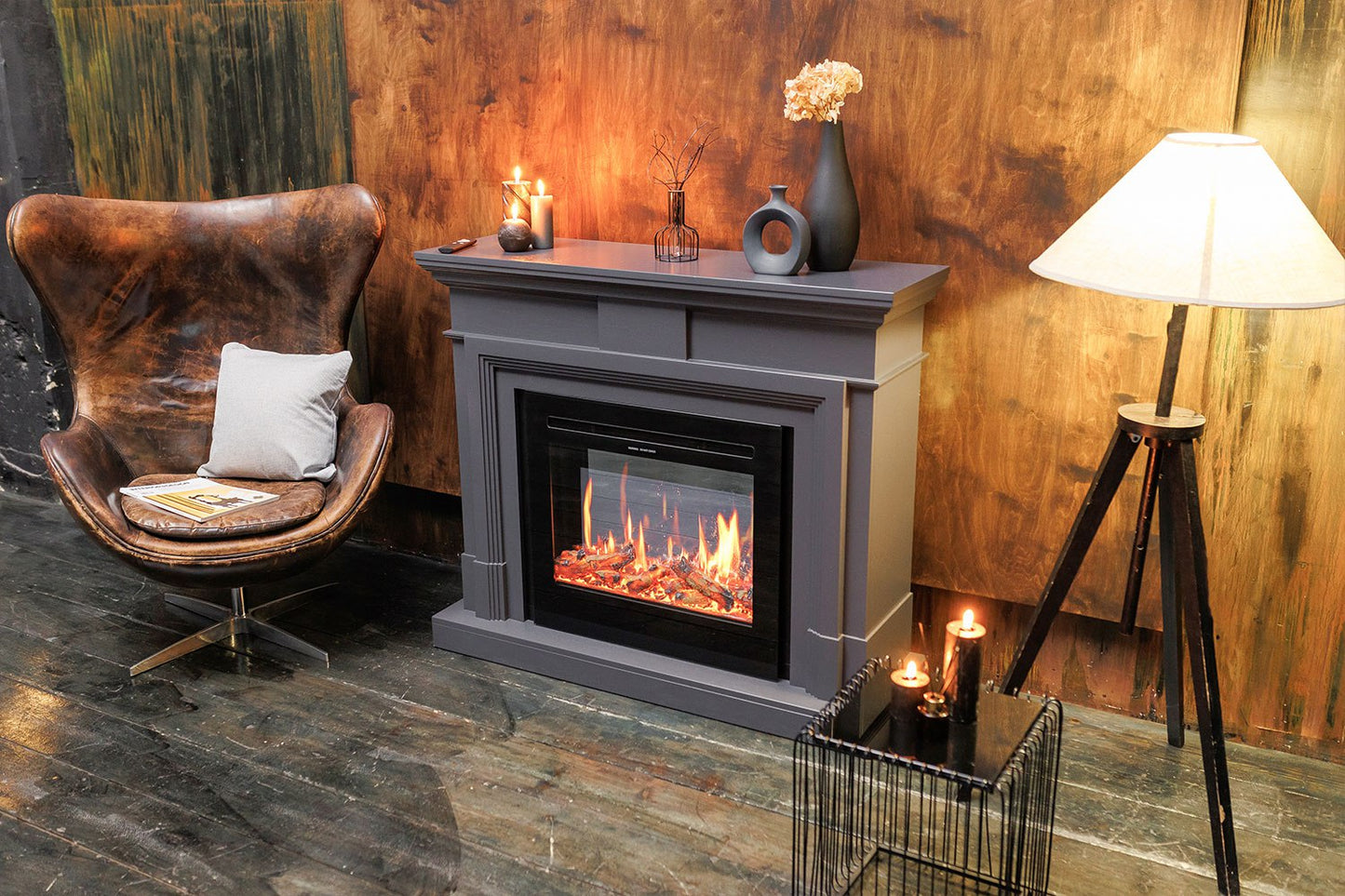 Mystflame V-Art 25: chimenea eléctrica empotrada con marco decorativo. Chimenea eléctrica empotrada con calefacción, sonido, troncos y llama multicolor.