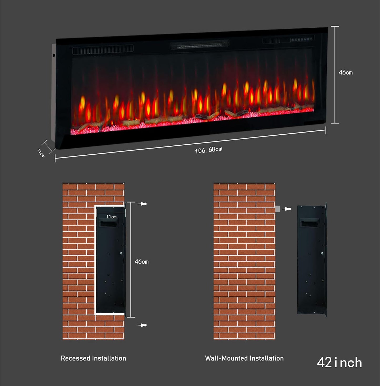 Weka Fireplace E42 Chimenea Eléctrica de Pared (AnxAlxPr) 1067x460x113 mm