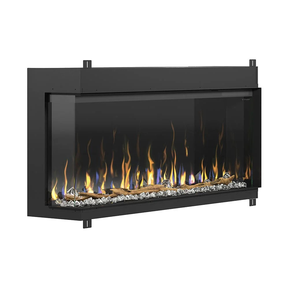 Dimplex Ignite Bold 60 con un panel lateral transparente para instalación en esquina.