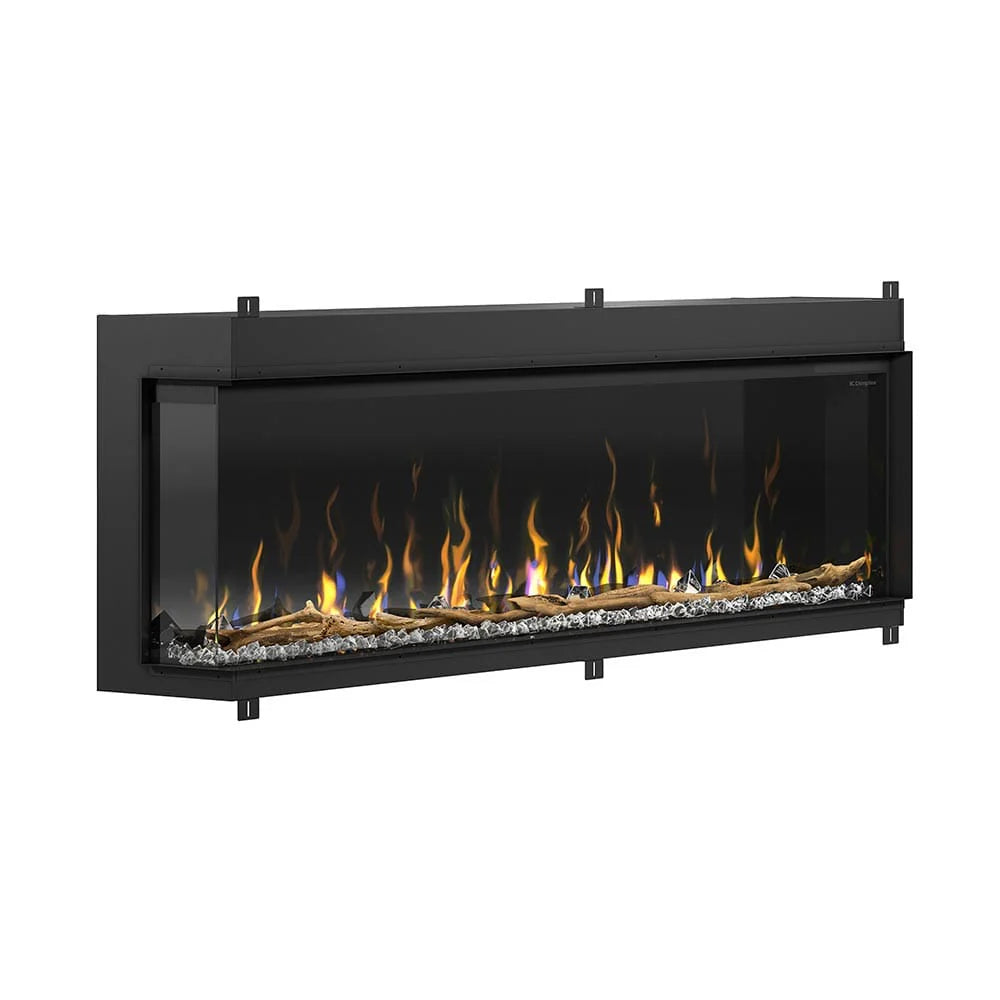 Foto de la chimenea eléctrica panorámica Dimplex Ignite Bold 74 con un panel lateral de vidrio.
