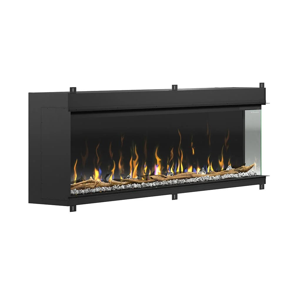 Foto de la chimenea eléctrica Dimplex Ignite Bold 74 con un panel lateral de vidrio.