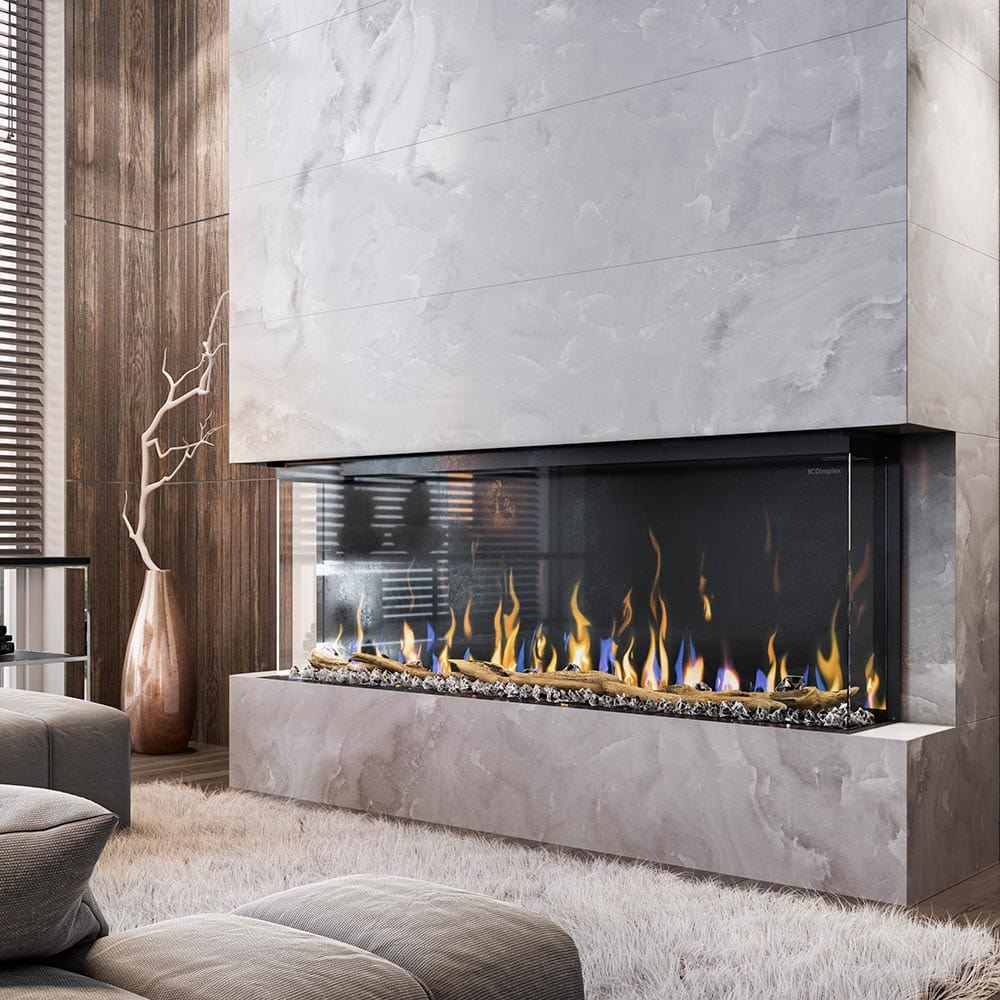 Chimenea eléctrica panorámica Dimplex Ignite Bold 50 con vista de tres lados.