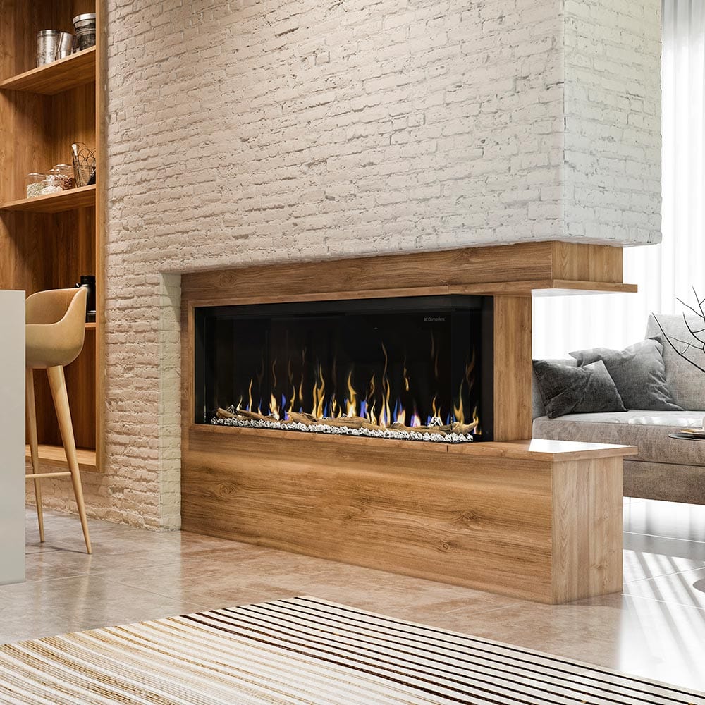 Chimenea eléctrica panorámica Dimplex Ignite Bold 60 con panel lateral transparente.