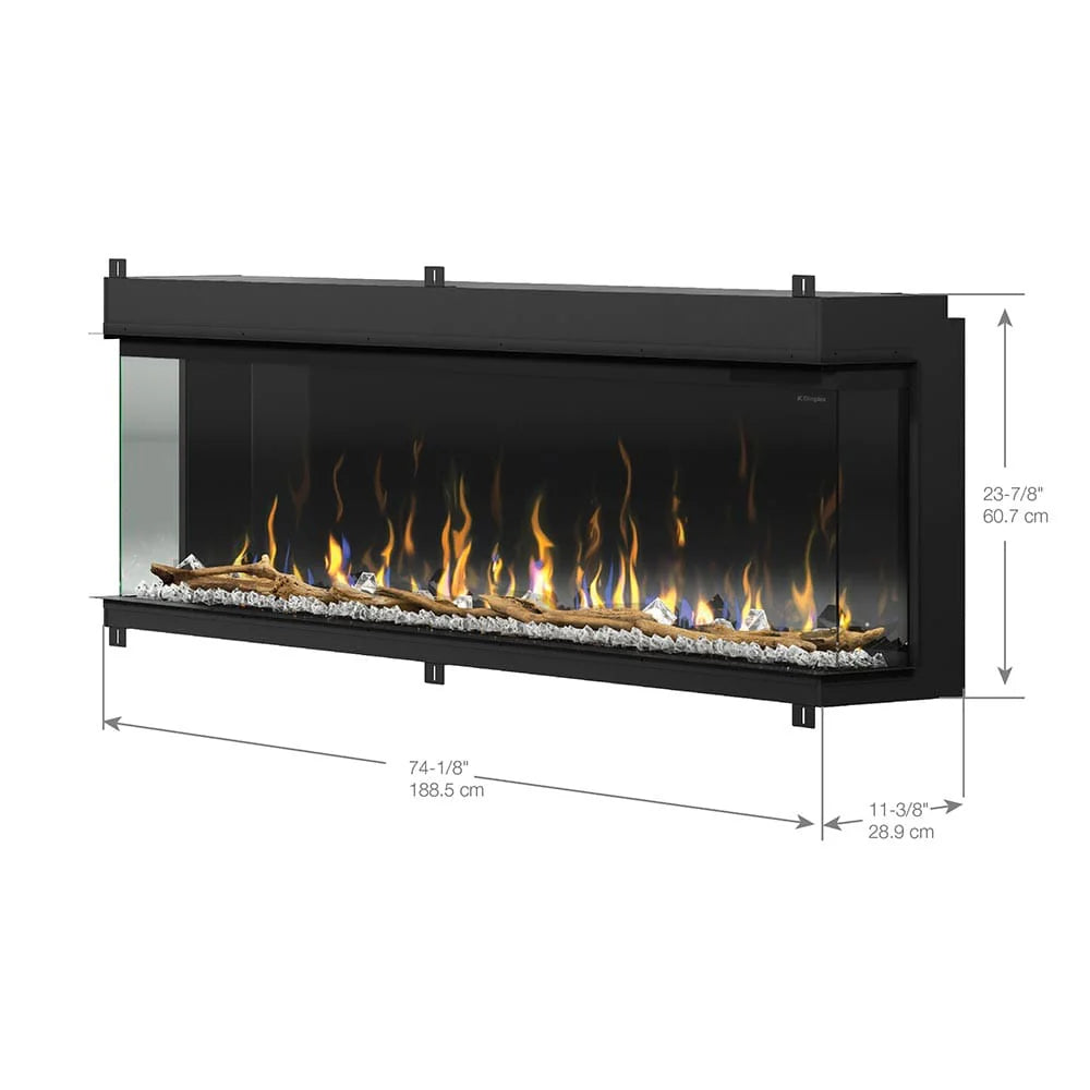 Dimensiones de la chimenea eléctrica de tres lados Dimplex Ignite Bold 74
