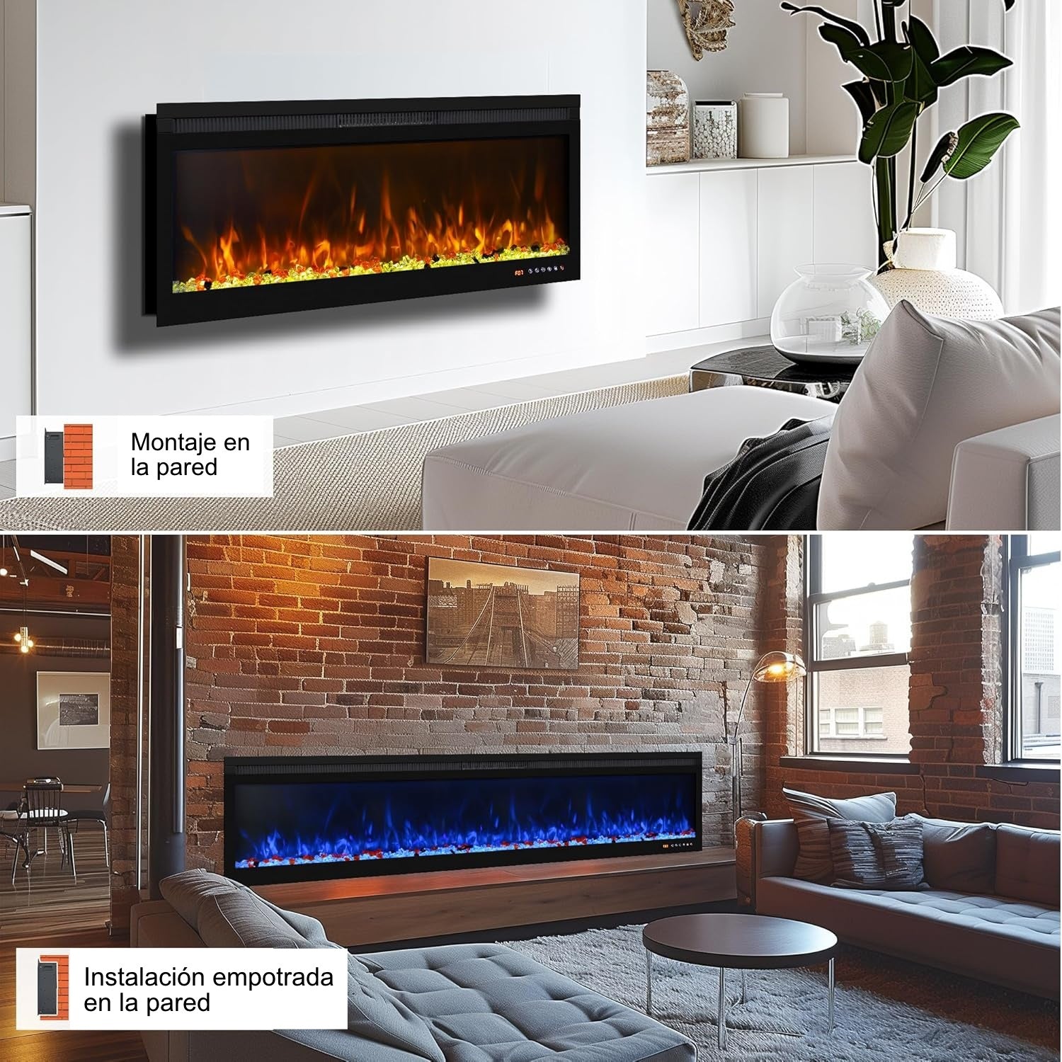 Opciones de instalación de la chimenea eléctrica de pared Mystflame 3D Perla 50.