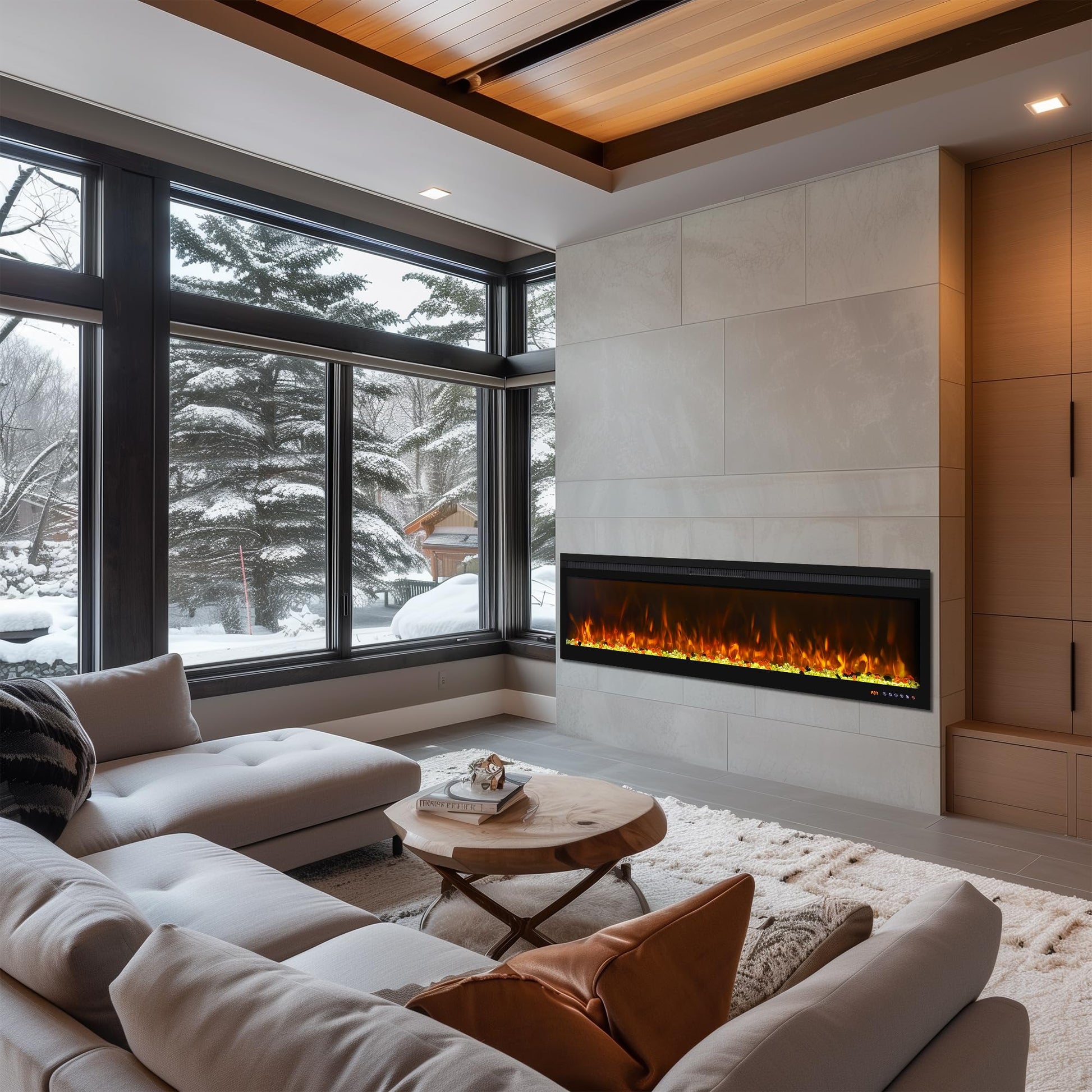 Chimenea eléctrica decorativa de pared Mystflame 3D Perla 50 en el interior de un salón.