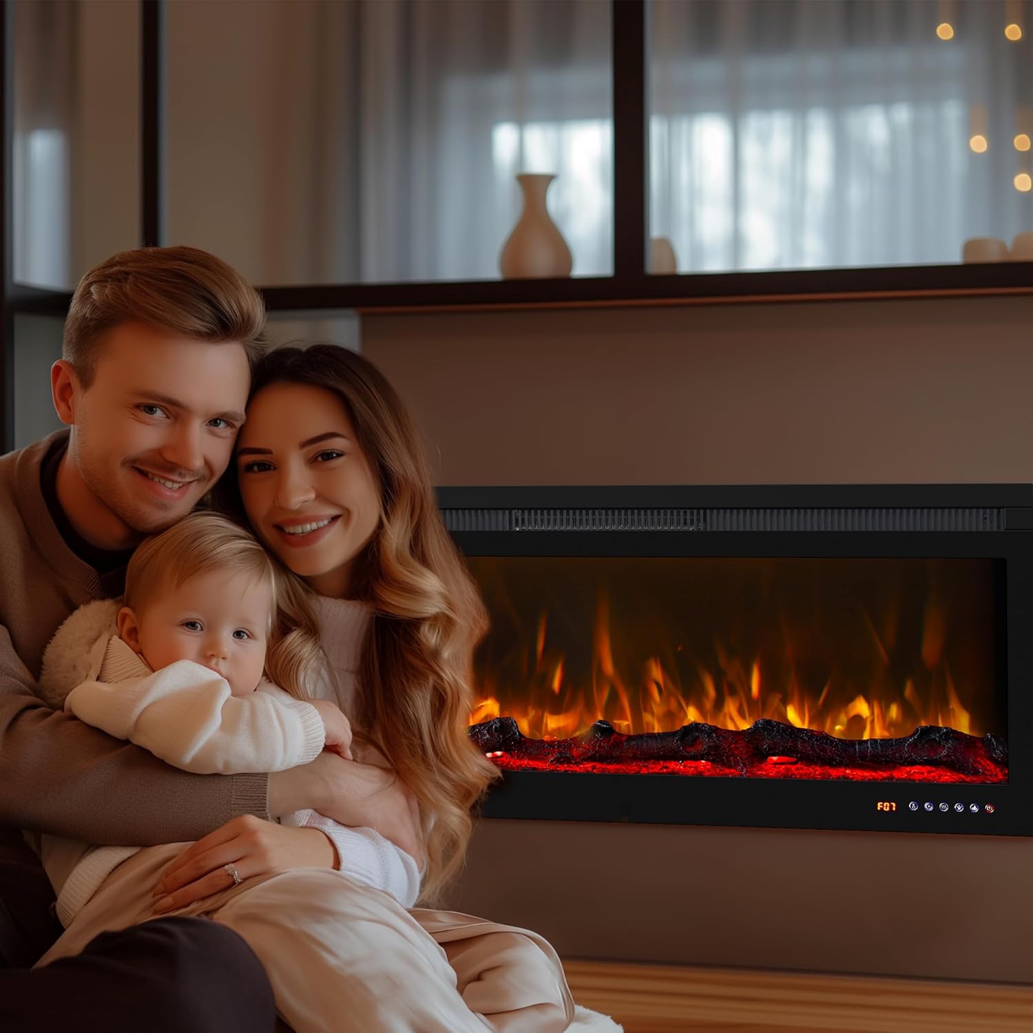 Chimenea eléctrica decorativa de pared Mystflame 3D Perla 50 en el salón.