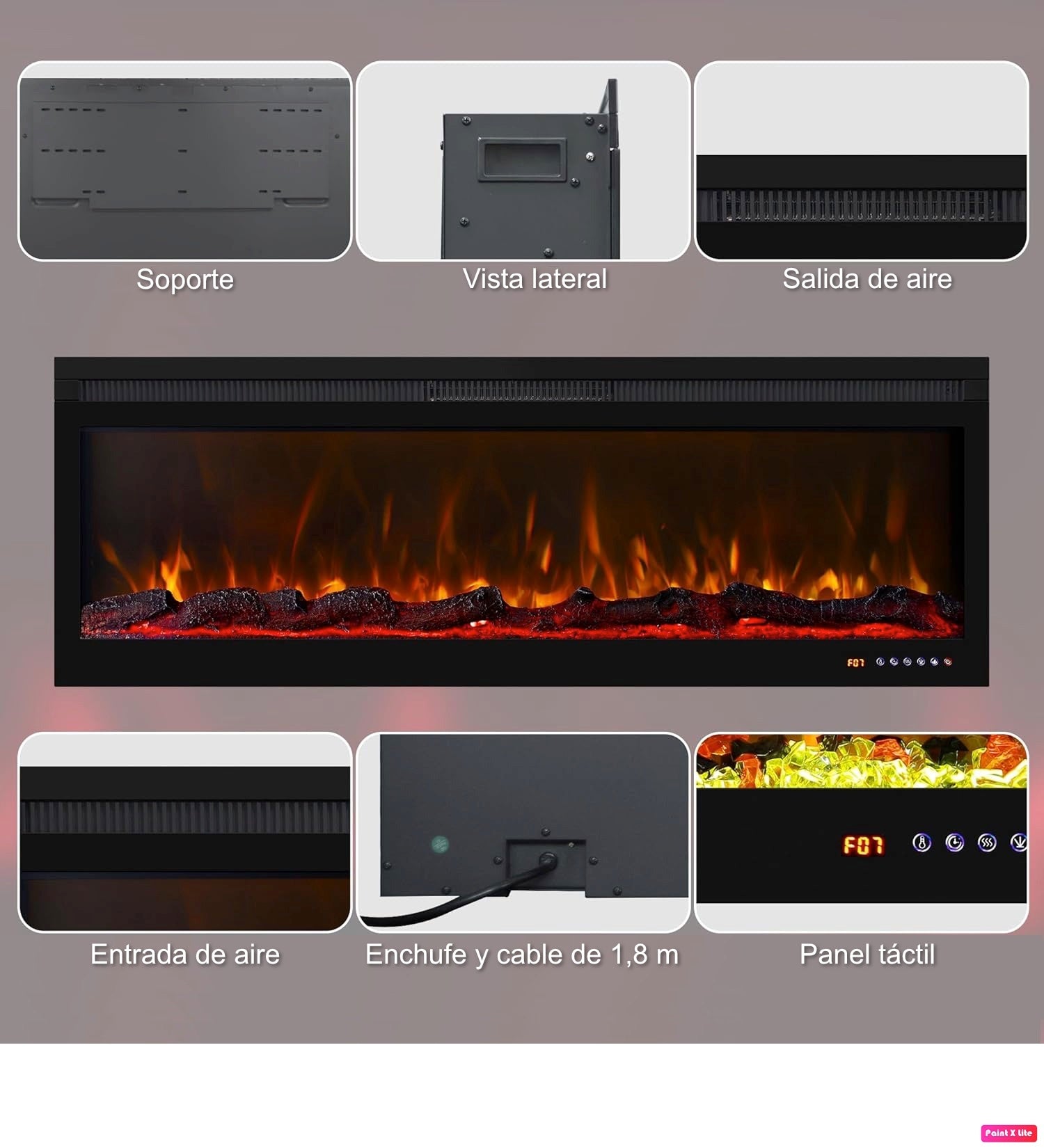 Estructura y características de la chimenea eléctrica de pared Mystflame 3D Perla 50.