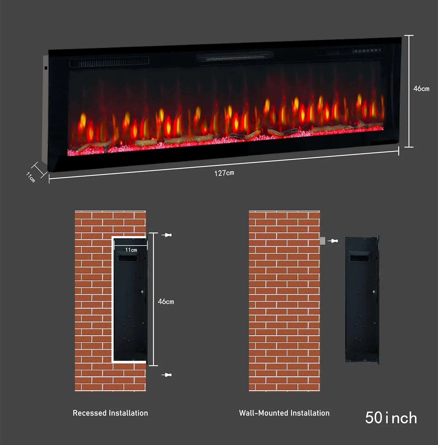 Weka Fireplace E50 WiFi Chimenea Eléctrica de Pared (AnxAlxPr) 1270x460x113 mm