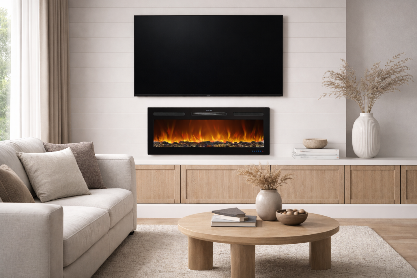 Chimenea eléctrica con sonido Mystflame Galaxy Pro 36 NEW WiFi en el interior del salón bajo el televisor