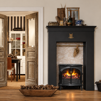 Chimenea eléctrica de vapor Dimplex Stockbridge con calefacción en el interior de un salón