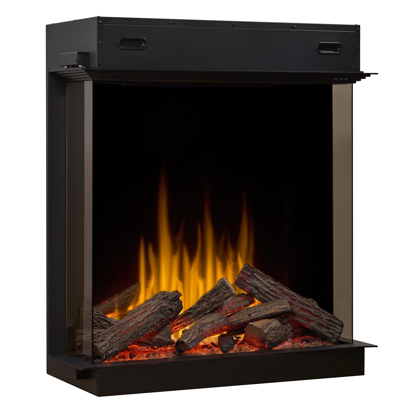 Chimenea eléctrica Dimplex Aspire 30 de tres caras con paneles laterales de vidrio.