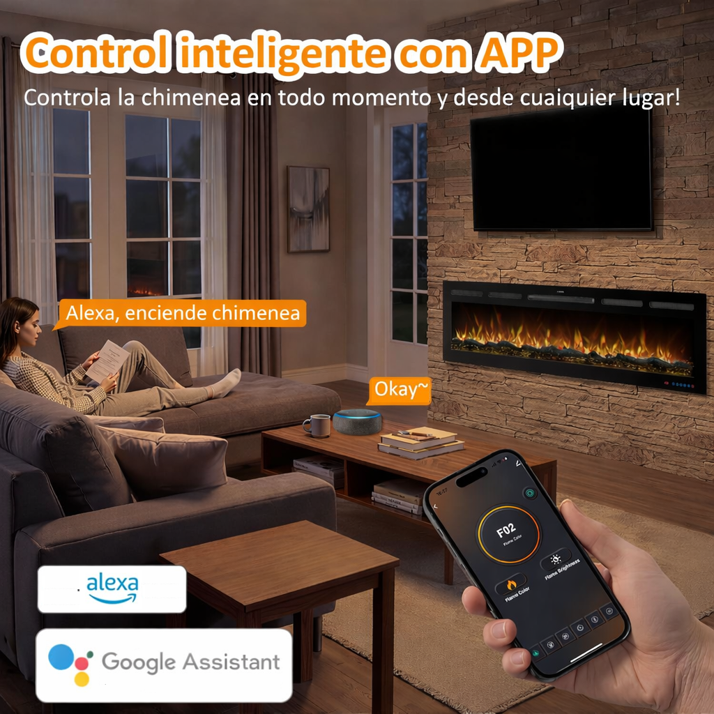 Control desde el teléfono móvil y control por voz en la chimenea eléctrica WiFi Mystflame Galaxy 60 Pro NEW WiFi