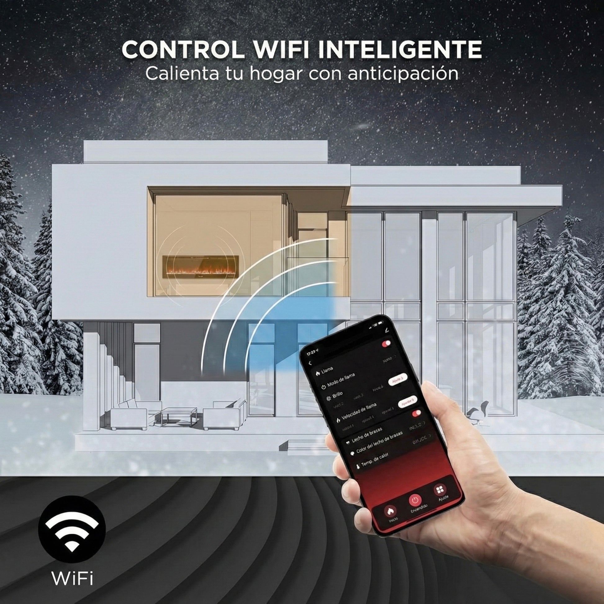 Chimenea eléctrica inteligente WiFi y barata Mystflame Crystal 42 New WiFi en el interior