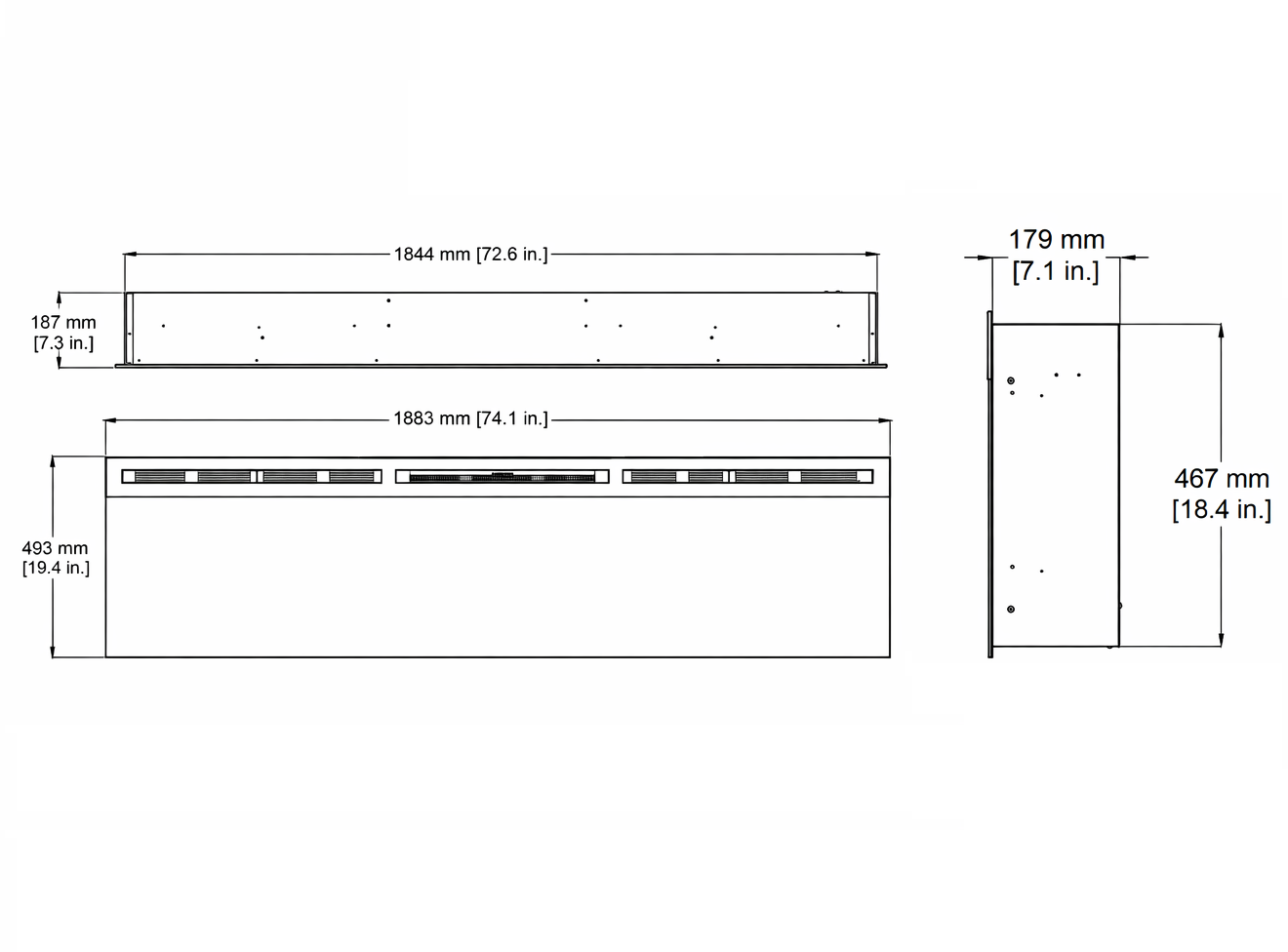 Dimensiones de la chimenea eléctrica lineal Dimplex Optiflame Prism 74