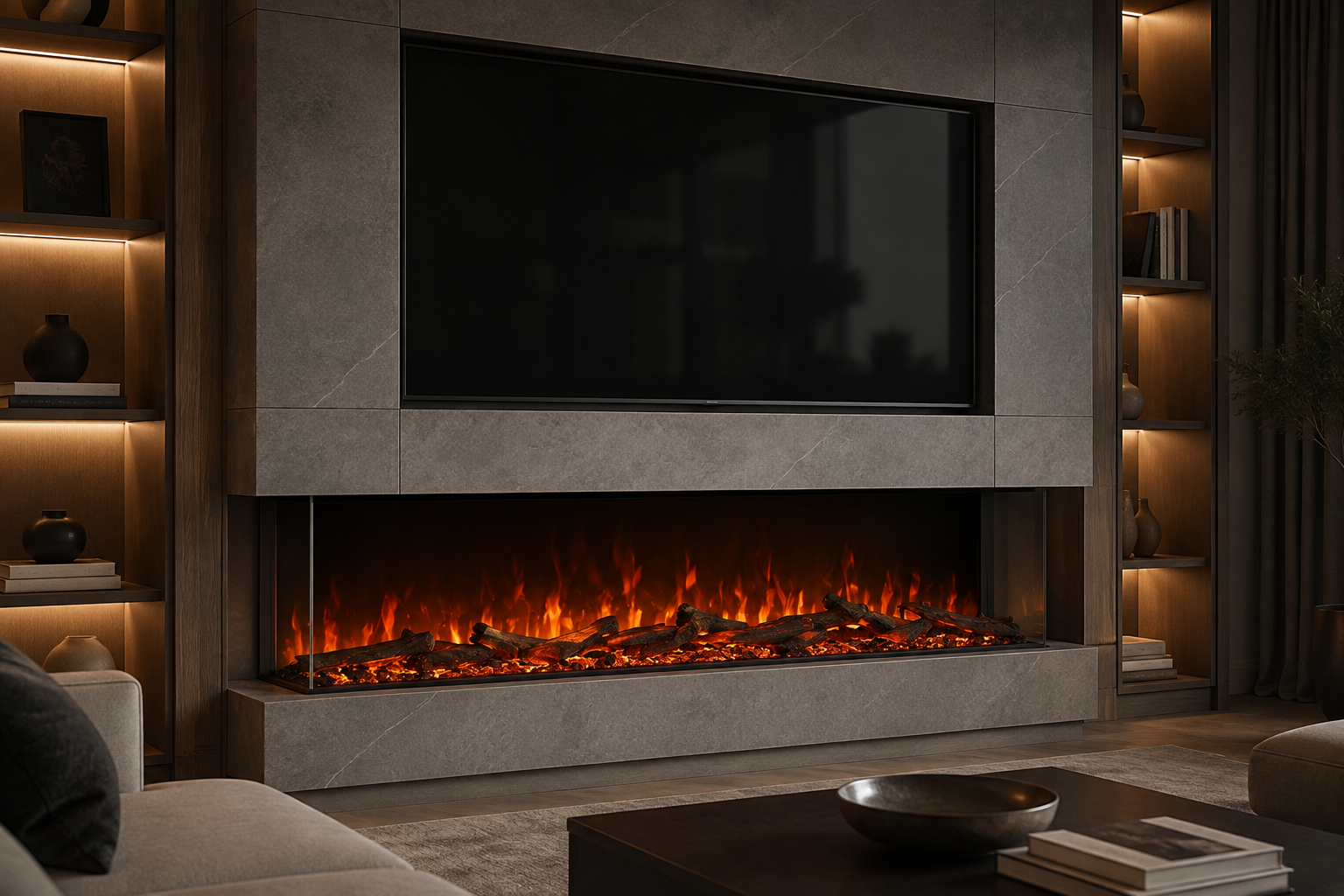 Chimeneas eléctricas panorámicas de tres lados con calefacción y sonido