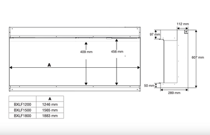 Planos con las dimensiones de la chimenea eléctrica Dimplex Ignite Bold 60.