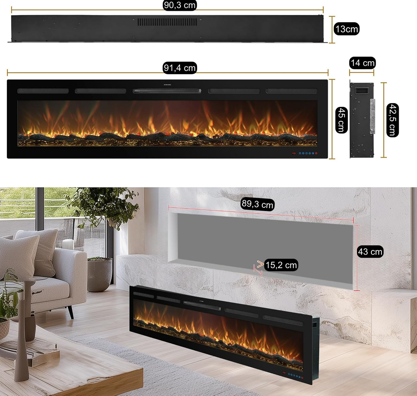 Dimensiones de la chimenea eléctrica Mystflame Galaxy Pro 36 NEW WiFi con ancho de hasta 90 cm
