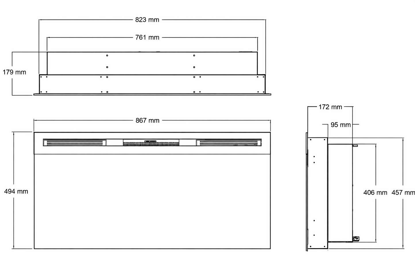 Dimensiones Dimplex Optiflame Prism 34 BLF3451 con ancho de hasta 90 cm
