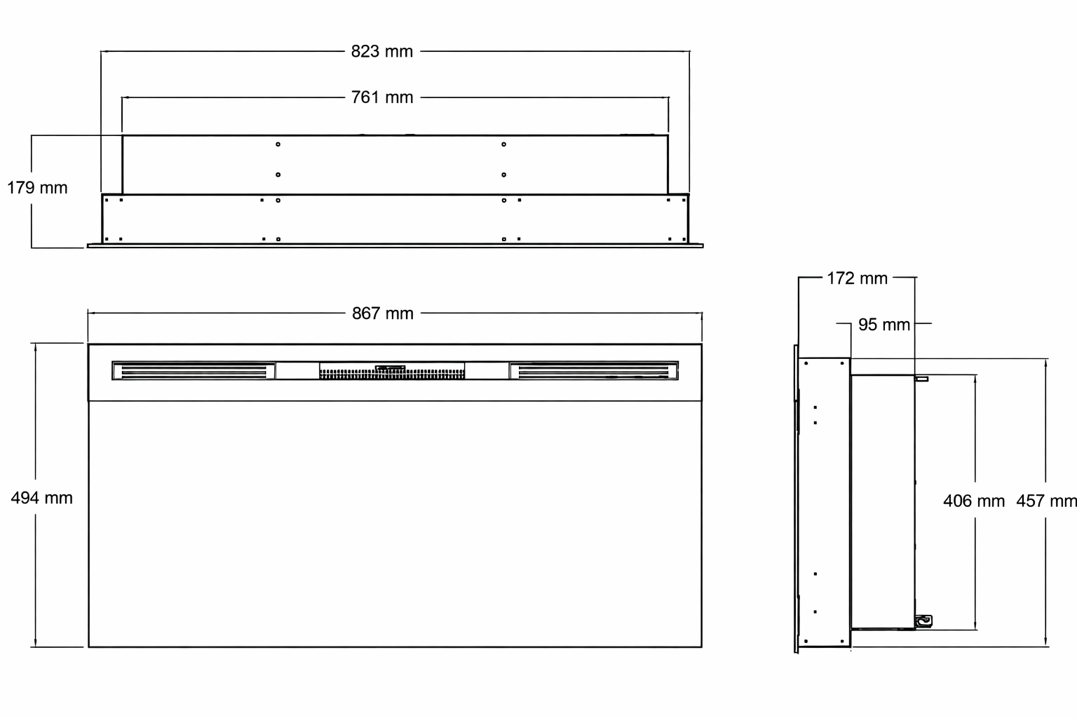 Dimensiones Dimplex Optiflame Prism 34 BLF3451 con ancho de hasta 90 cm