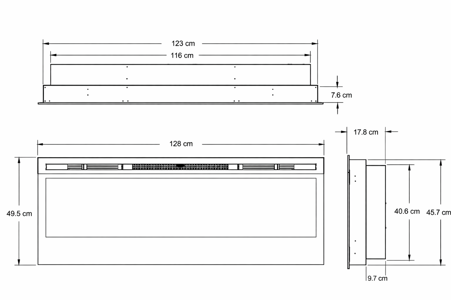 Dimensiones Dimplex Optiflame Prism 50 BLF5051 con ancho de 128 cm