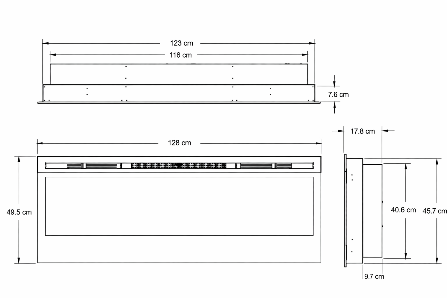 Dimensiones Dimplex Optiflame Prism 50 BLF5051 con ancho de 128 cm