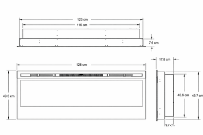 Dimensiones Dimplex Optiflame Prism 50 BLF5051 con ancho de 128 cm