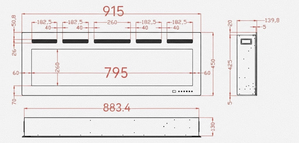 Planos con dimensiones de la chimenea eléctrica con sonido Galaxy 36 Pro New WiFi