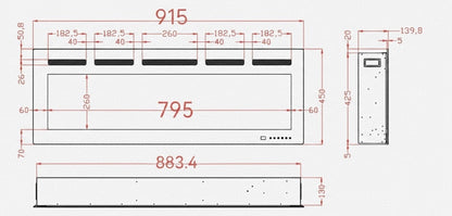 Planos con dimensiones de la chimenea eléctrica con sonido Galaxy 36 Pro New WiFi