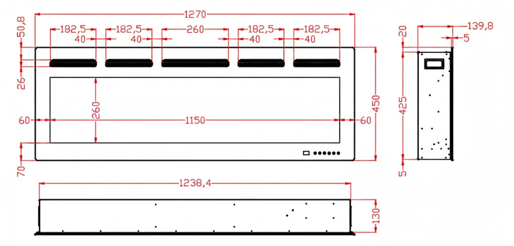 Planos con dimensiones de la chimenea eléctrica con sonido Mystflame Galaxy 50 Pro New WiFi