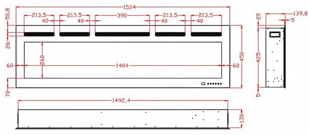 Planos con dimensiones de la chimenea eléctrica con sonido Mystflame Galaxy 60 Pro New WiFi