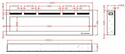 Planos con dimensiones de la chimenea eléctrica con sonido Mystflame Galaxy 60 Pro New WiFi